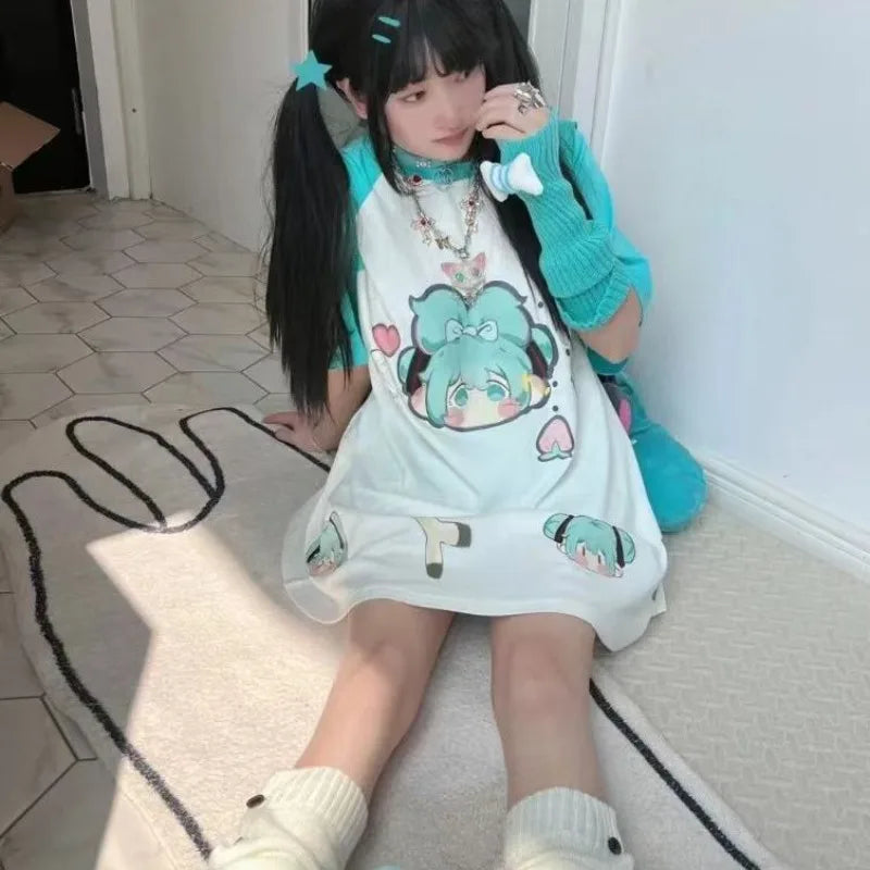 New Hatsune Miku Cartoon Lake Green Print Showing White Japanese Sweet and Cute Summer Short-sleeved T-shirt for Female Students