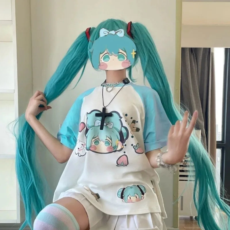 New Hatsune Miku Cartoon Lake Green Print Showing White Japanese Sweet and Cute Summer Short-sleeved T-shirt for Female Students
