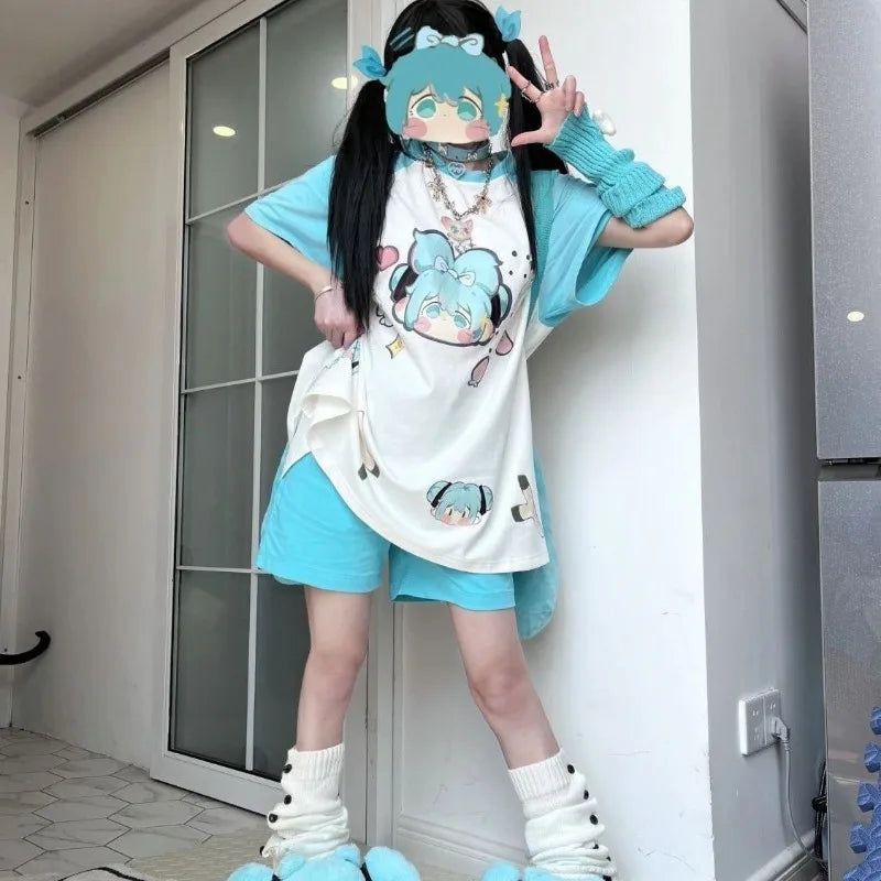 New Hatsune Miku Cartoon Lake Green Print Showing White Japanese Sweet and Cute Summer Short-sleeved T-shirt for Female Students