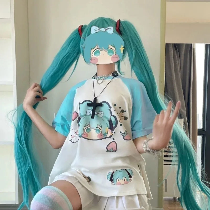 New Hatsune Miku Cartoon Lake Green Print Showing White Japanese Sweet and Cute Summer Short-sleeved T-shirt for Female Students