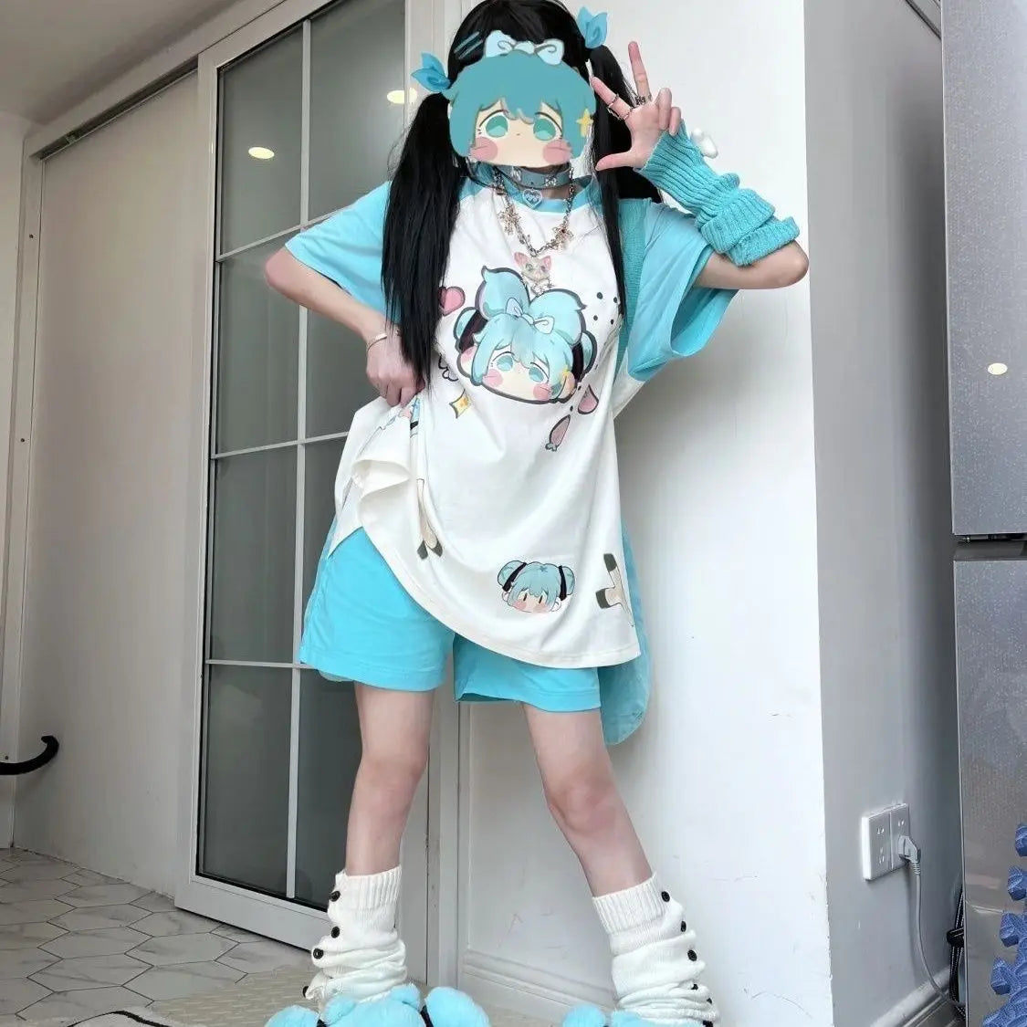 New Hatsune Miku Cartoon Lake Green Print Showing White Japanese Sweet and Cute Summer Short-sleeved T-shirt for Female Students