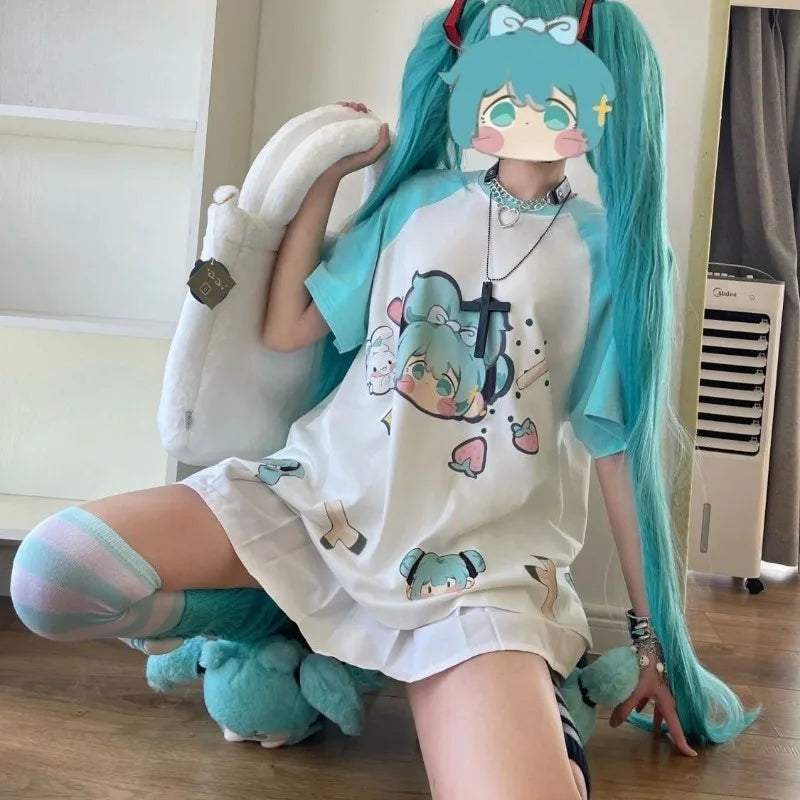 New Hatsune Miku Cartoon Lake Green Print Showing White Japanese Sweet and Cute Summer Short-sleeved T-shirt for Female Students