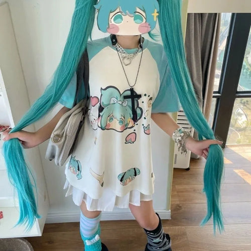 New Hatsune Miku Cartoon Lake Green Print Showing White Japanese Sweet and Cute Summer Short-sleeved T-shirt for Female Students
